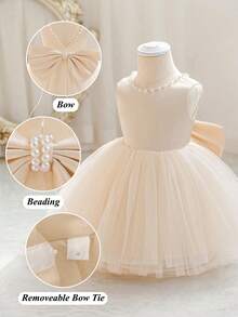 女婴香槟色手工串珠 3D 蝴蝶结圣诞派对优雅薄纱公主裙，适合女孩 1 岁生日礼物、派对、宴会、节日庆典 - 香檳色 - 查看 8