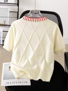 2026春夏女式圆领短袖叶子花朵刺绣图案 - 杏色 - 查看 2