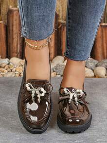 Giày lười nữ đế bằng thoải mái, mũi tròn, màu sắc tươi tắn, kiểu dáng tương tự như giày lười Penny, đế dày, trang trí nơ ngọc trai, phù hợp cho mọi mùa. - màu nâu - Xem 2