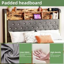 OYAJIA LED Double Size LED Platform Bed Frame OTTOMAN Lift Up Storage Bed Frame And Crystal Button-Tufted Storage Headboard, Soft Modern Fabric Upholstered Bed Frame 4ft6 Double Size, No Box Spring Needed, Easy Assembly, Grey - 灰色 - 查看 4