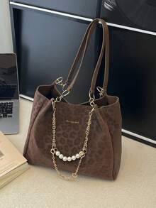 Borsa a tracolla a righe alla moda - Borsa a spalla di grande capacità per le donne - Borsa a tracolla con cerniera per uso quotidiano, in tessuto con stampa leopardata, con catena e decorazione con perle - Castano - Visualizzare 5