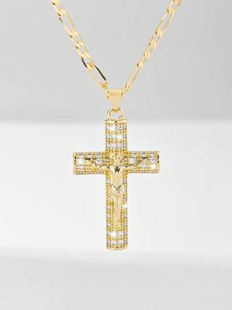 1pc European & American Classic Copper Inlaid Zirconia Jesus Cross Pendant Necklace, Limited Edition "Light Of Protection", Suitable For Christmas/Thanksgiving/Halloween/Mother's Day/Valentine's Day Gifts For Couples/Friends/Believers, Catholic First Communion, Gifts, Daily & Holiday Wear For Prayer