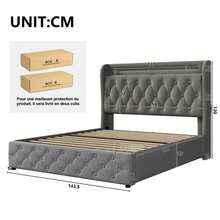 Upholstered Bed 140x190 Cm With LED Lighting And USB Socket, Headboard With Shelves And Storage Space, Flat Double Bed With 4 Drawers, Velvet. - Grey - View 11