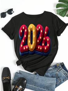 T-shirt à manches courtes avec imprimé graphique pour femmes 2026, col ras-du-cou casual, top d'été ample et décontracté, streetwear pour un port quotidien - Noir - Voir 5