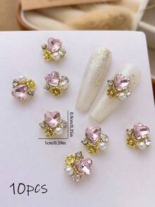10pcs Heart-Shaped Rhinestone Nail Art Charms, Inlaid Faux Pearls, Luxury Y2K Metal Nail Accessories, Bright White, Pink, Red, Green, Purple Rhinestone Nail Gems, Suitable For Various DIY Nail Decorations - Multicolor - View 13