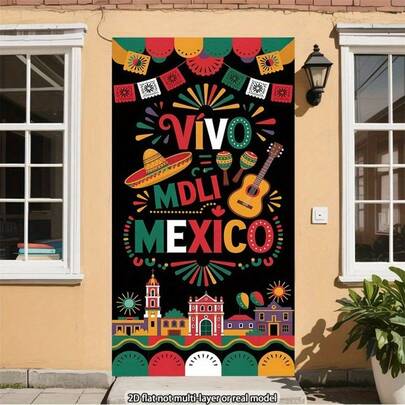 2D Flat, 1pc Large Mexican Fiesta Banner - Vibrant Mexican-Themed Decoration Featuring Mariachi Hats, Guitars, And Fireworks - Giant Door Curtain Perfect For Weddings, Birthdays, Or Everyday Decor - Polyester Fabric - All-Season Use - No Electricity Required - Perfect For Mexican Carnival Parties, Traditional Mexican Decor, Porch Displays, 2D Flat Designs