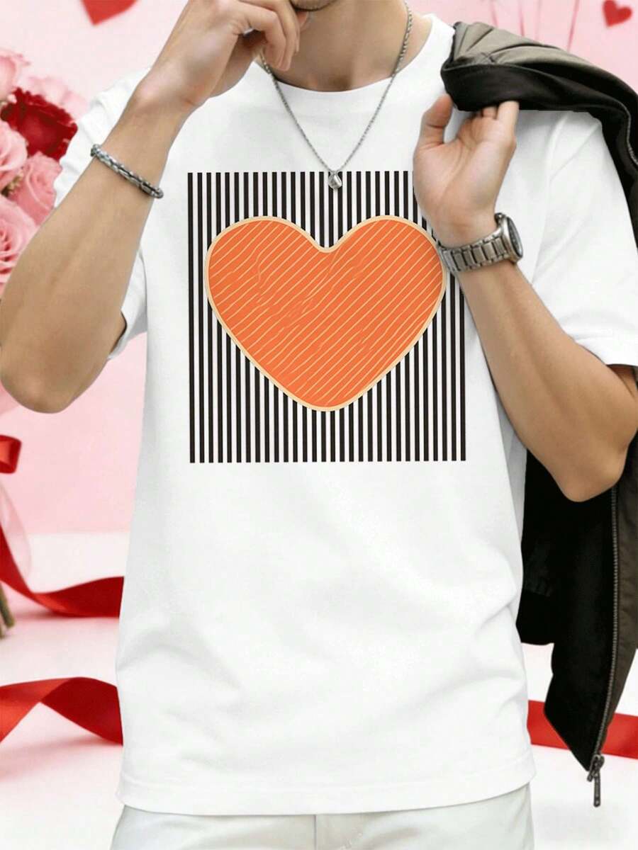 Valentine's Day Heart Graphic Striped Summer T-Shirt, Street Hip Hop, Breathable, Unique Graphic Print - 白色 - 查看 1