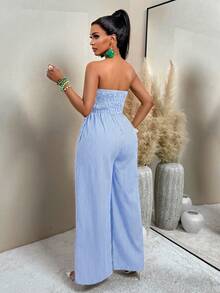 AIJ Bộ áo liền quần ống rộng xếp ly in họa tiết hoa cổ điển dành cho nữ (họa tiết ngẫu nhiên), thích hợp cho mùa hè. - Sọc xanh và trắng - Xem 2