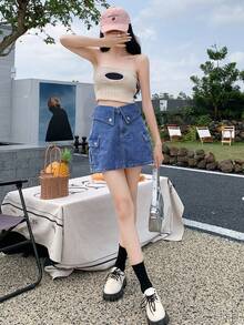 女士夏季休闲束口腰带工装口袋牛仔迷你裙 - 深色水洗藍 - 查看 7