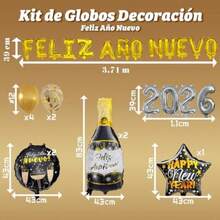 Kit Globos Metálicos Letrero Letras Decoración Fiesta Feliz Año Nuevo 2026 Botella y Copa Globos Latex Lentejuela Dorada 28 Pzas(default) - Multicolor - Ver 4