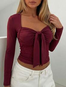 Áo dệt kim dài tay cổ tim dành cho nữ, có nơ trang trí, dáng suông, thích hợp mặc thường ngày. - Màu Đỏ Sâu - Xem 3