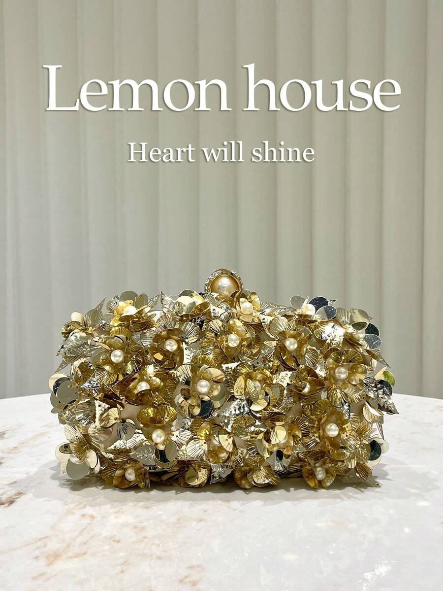 1个金色亮片花卉装饰女士手拿包，奢华晚宴包，时尚优雅正式派对钱包，新娘手提包，配有可拆卸肩带，适合正式场合、婚礼、派对，是送给女性的最佳礼物。 - 金色 - 查看 1