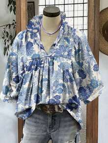 Blusa holgada de manga de murciélago con cuello en V, plisada, de estampado azul marino, para uso casual y vacaciones, primavera/verano - Azul y blanco - Ver 2