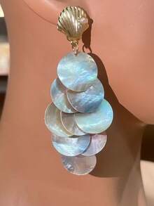 一对女士波西米亚风圆形贝壳扇形珍珠耳环，夸张长款耳环，充满海滩度假风情，适合日常佩戴、海滩、派对、婚礼等场合。 - 扇貝珍珠流蘇 - 查看 7