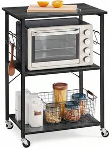 Estante de Cocina con Ruedas, Carrito de Servir de 3 Estantes, Carrito Multiusos para Microondas, Mini Horno y Tostador, Incluye 6 Ganchos, Estilo Industrial, Color Café Rústico y Negro - Roble Ebonizado - Ver 2