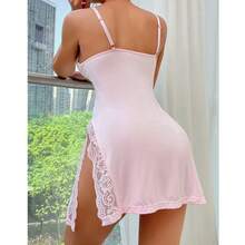 3 Pieces Of Women's Solid Color Sexy Lingerie, Bowknot Lace Splicing Nightdress, Side Split Suspender Skirt, Sexy Lace Underwear Nightdress Bottoming Skirt - 綠色+粉紅色+灰色 - 查看 7