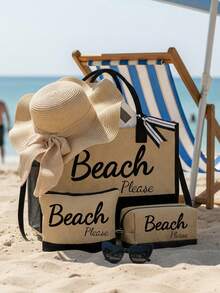 Black & Khaki "Beach Please" 4-Piece Set Including Beach Bag, Cosmetic Bag, Mini Pouch, Hat, Large Capacity, Adjustable Shoulder Strap, Convenient Carry, Suitable For Beach, Summer, Tropical Scenery With Palm Trees, Sand, Straw Hat - Multicolor - View 5
