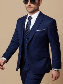 3 Piece Men's Suit, Formal Blazer Vest Pants Modern Fit Office Wedding Event Suits For Men - Navy Blue - View 2