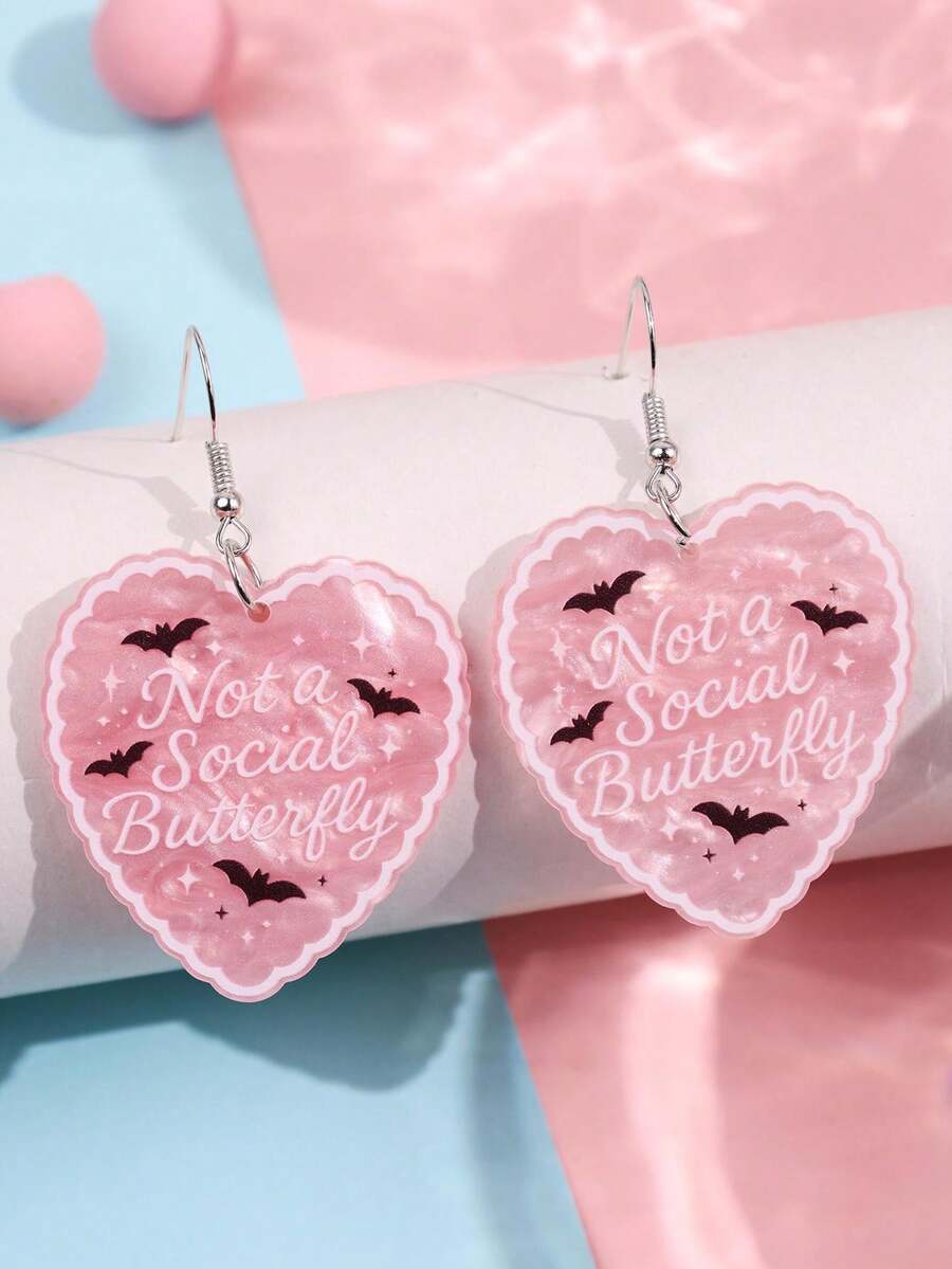 一对可爱时尚的Y2K卡哇伊独特粉色珠光“不爱社交”心形亚克力吊坠耳环，适合日常佩戴、节日、派对、女士饰品 - 彩色 - 查看 1