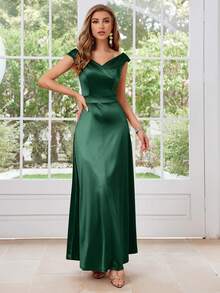 MUXXN Đầm dạ hội cổ chữ V bằng satin kiểu cổ điển thập niên 1950, thích hợp cho tiệc cưới, mùa xuân. - Màu xanh lá cây đậm - Xem 3