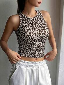 女士无袖休闲豹纹修身短款上衣，夏季新品 - 白色 - 查看 3
