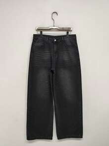 1 件男士复古水洗做旧直筒宽松休闲阔腿牛仔裤，带磨损下摆