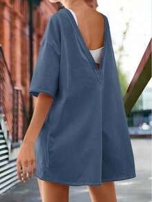 Rompers For Women 2025 Summer Athletic Oversized Romper Short Sleeve Jumpsuit With Pockets - Blue - View 3