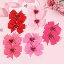 10 Valentine's Day Heart Bow Hair Clips, Girl's Style |   Pink Color Thick Ribbon Bow Hair Clip, Sweet Hair Accessories, Used To Fix Hairstyle - 粉色 - 查看 2