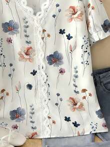 Plus Size Elegant Casual Floral Lace Ruffle Hem Blouse, Spring/Summer - White - View 10