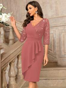 MIUSOL Classic V-Neck Sequin Floral Lace Contrast Ruffle Hem 3/4 Sleeve Bodycon Cocktail Dress - Dusty Pink - View 7