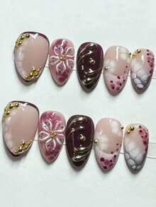 10pcs Purple Tie Dye Print Almond Shaped Metal Texture French Manicure Press-On Nails, Fashionable DIY Nail Art - Multicolor - View 3