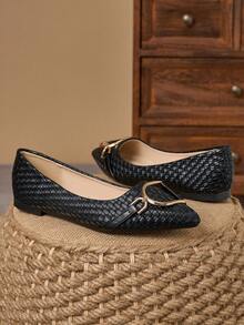 WHDXY Women's Black Versatile Metal Buckle Pointed Toe Shoes, Comfortable For Commuting And Daily Wear - Graphite Black - View 5