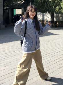 Y6Y 2026新款女装春夏流行韩版独特可爱休闲蓝色格子衬衫外套 - 藍色 - 查看 4