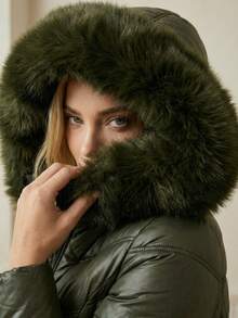 Áo khoác hoodie nữ công sở phối lông giả, kiểu dáng thường ngày, có khóa kéo và túi, thích hợp cho mùa đông. - xanh quân đội - Xem 3