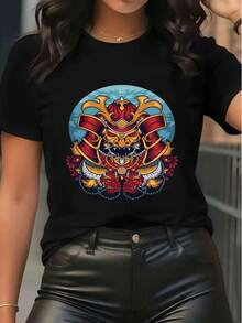 Damen Kurzarm Rundhals T-Shirt mit japanischem Samurai Helm Grafik-Muster, lässiges Oberteil im Vintage Streetwear Stil, weite Passform für den Sommer Alltag - Schwarz - Übersicht 1