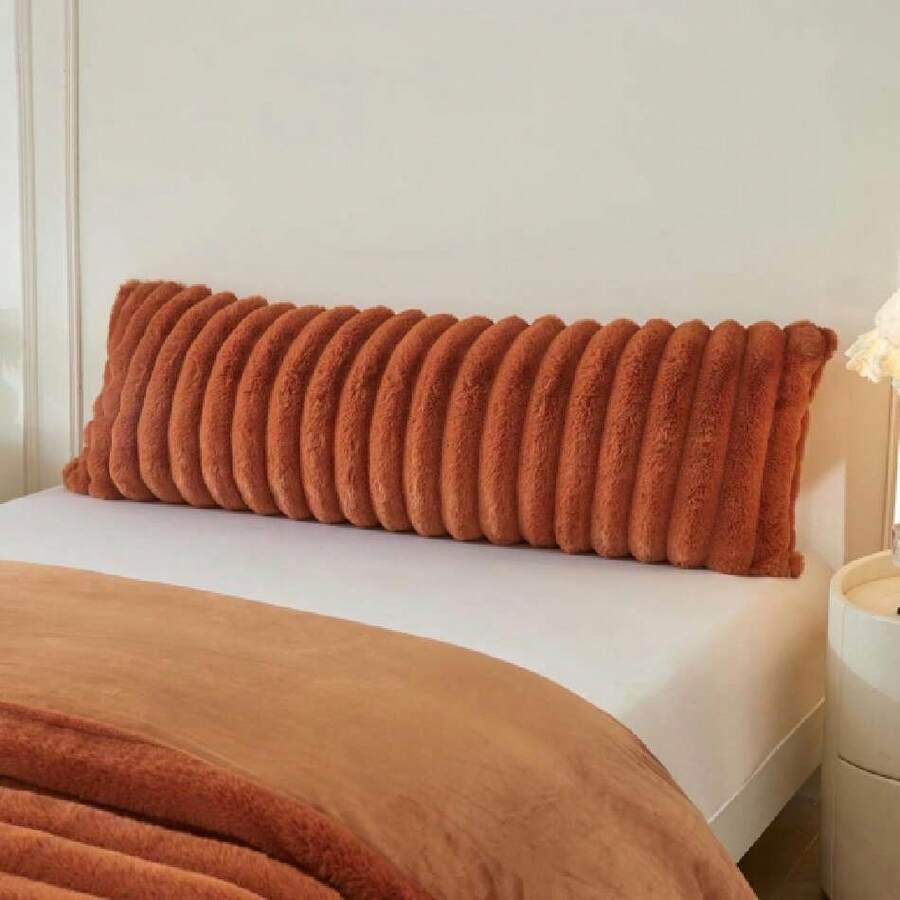 Fluffy Faux Rabbit Fur Body Pillow Cover, Comfy Plush Fuzzy Striped 20x54 Bed Body Pillowcase, Shaggy Furry Ribbed Bedroom Long Pillow Case With Zipper For Girls Teens Adults, Burnt Orange,39983375 - 亮橙色 - 查看 1