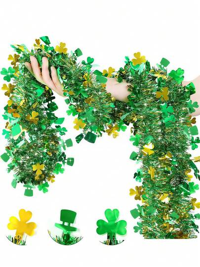 圣帕特里克节花环装饰，绿金三叶草帽，闪光花环，闪亮金属流苏，悬挂式三叶草挂饰，圣帕特里克节家居装饰，室内外皆宜，爱尔兰队周边商品，节日装饰，房间装饰
