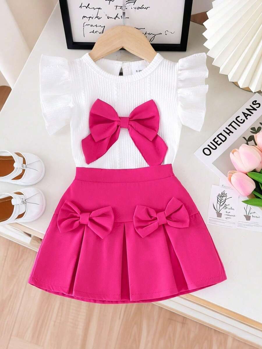 两件套女婴优雅可爱白色短袖上衣+玫瑰红裙子套装，轻薄夏季 - 玫紅色 - 查看 1