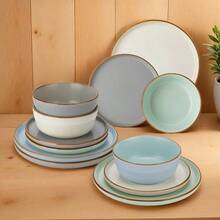 12pcs Modern Stoneware Dinnerware Set Suitable for 4 - Microwave/Dishwasher/ Plates & Bowls with Edges, Stackable Round Plates and Bowls, Service for 4 for Dinner Parties, Daily Use, Holiday Table Settings - Verschiedene - Übersicht 12