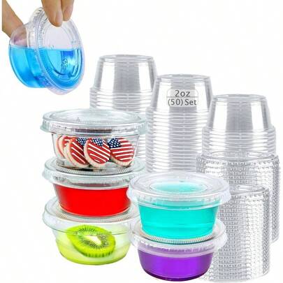Plastic Portion Cups With Lids 2 Oz, 50 Sets Disposable, Leak - Proof, Transparent, Round, Minimalist, Meal Prep, Jello Shots, Condiments, Dipping Sauces, Food Service