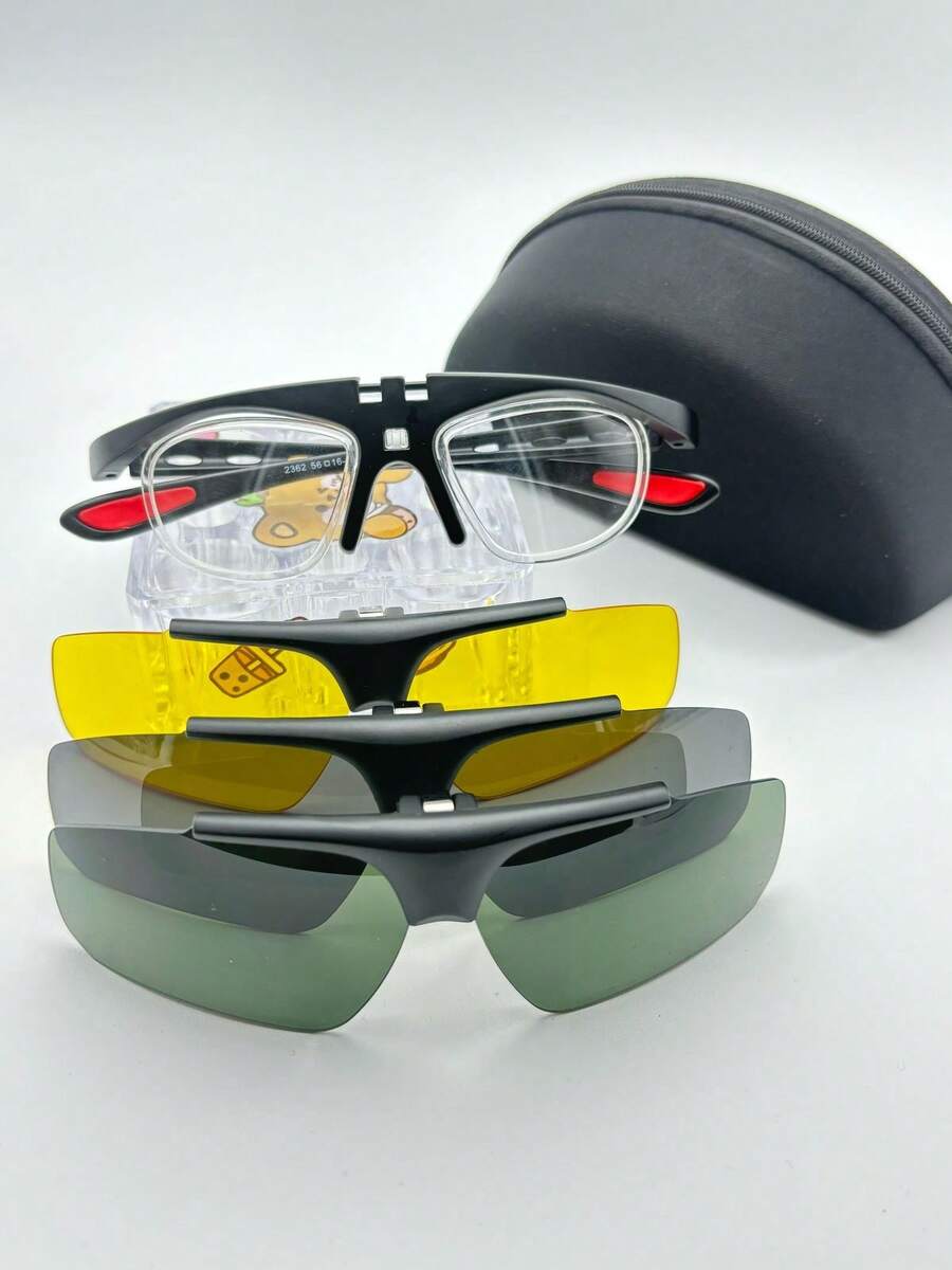 1 par de gafas de caballero ,lente de sobrepuesto con tres micas lente para graduar Tr90   estilo deportivo de gran tamaño  TPR - Negro - Ver 1