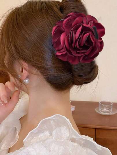 1件装女士纯色布料大号多层玫瑰花发夹，优雅大号发髻爪夹，适合聚会、派对、舞会和日常佩戴，时尚发饰，优雅发爪，夏季