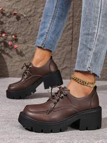 Nuevos zapatos de plataforma con cordones de estilo británico retro para primavera, zapatos versátiles de suela gruesa para mujeres - Marrón - Ver 3