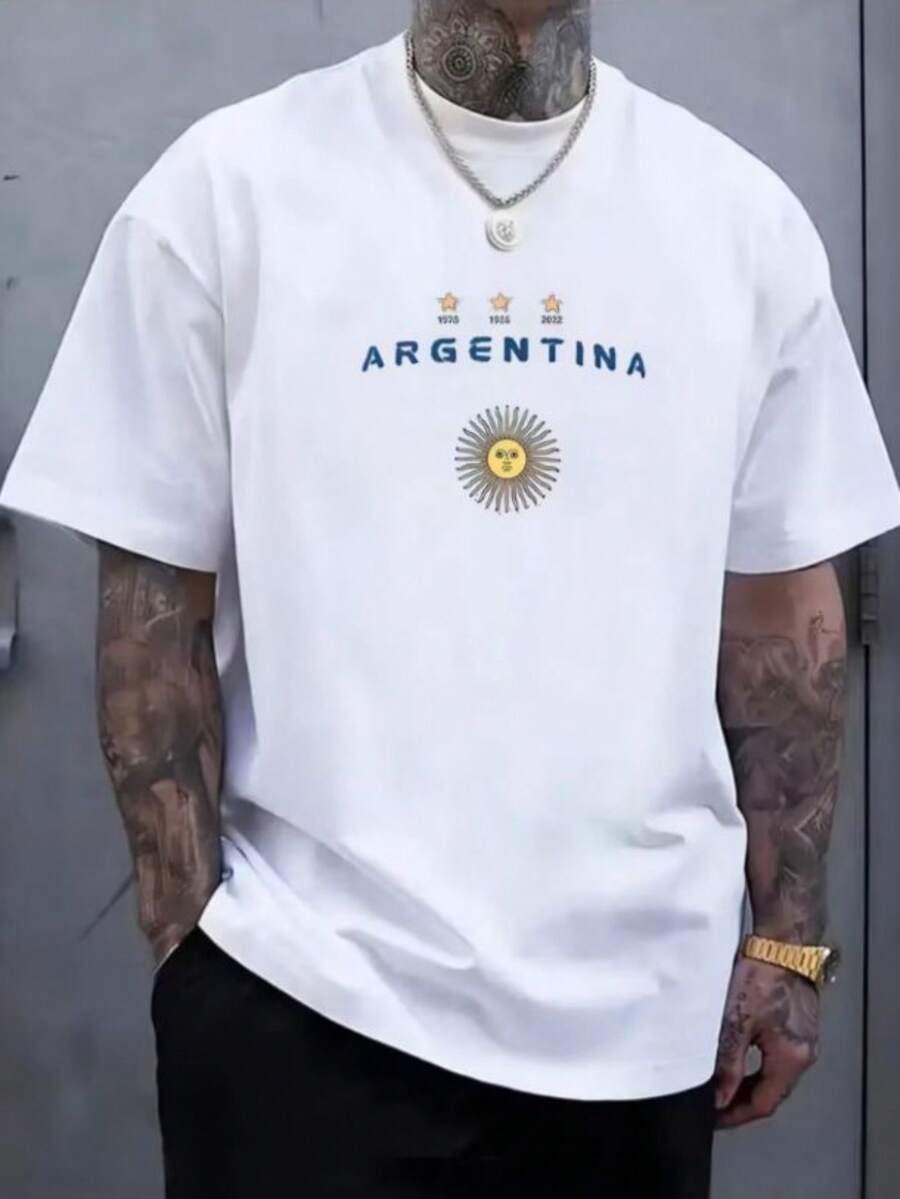 Argentina Men's T-Shirt, Printed Cotton Shirt, Casual Fashion, Premium Knit Blouse, Argentina National Team, World Cup, Sport - 白色 - 查看 1