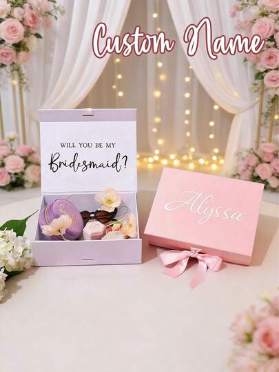 Personalized Gift Box With Lid, Customized Christmas Gift Box With Lid And Ribbon, Groom's Gift Box, Wedding Gift Box, Bridesmaid Gift Box, Personalized Magnetic Folding Storage Box, Self-Care Gift Box, Suitable For Christmas, Mother's Day, Birthday, Bride Gift, Wedding Packaging