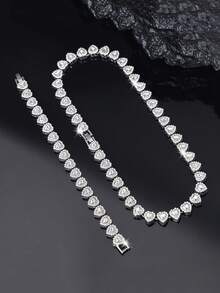 2 pièces/set Bracelet et collier romantique, charme classique hip-hop, élégant et brillant en forme de cœur. Bijoux de mode pour femmes, convient pour les fêtes, les mariages, les festivals de musique - cadeau parfait pour la Saint-Valentin, l'amitié, l'épouse ou la petite amie - A - Voir 4