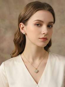 3pcs Set Glamorous Rhinestone Paved Heart Pendant Necklace & Stud Earrings, Gold Tone Fashion Jewelry Set For Women Party Gift - Gold - View 2