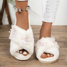 女士蝴蝶图案中国风刺绣布艺拖鞋，时尚休闲度假款，秋冬款 - 米色 - 查看 4