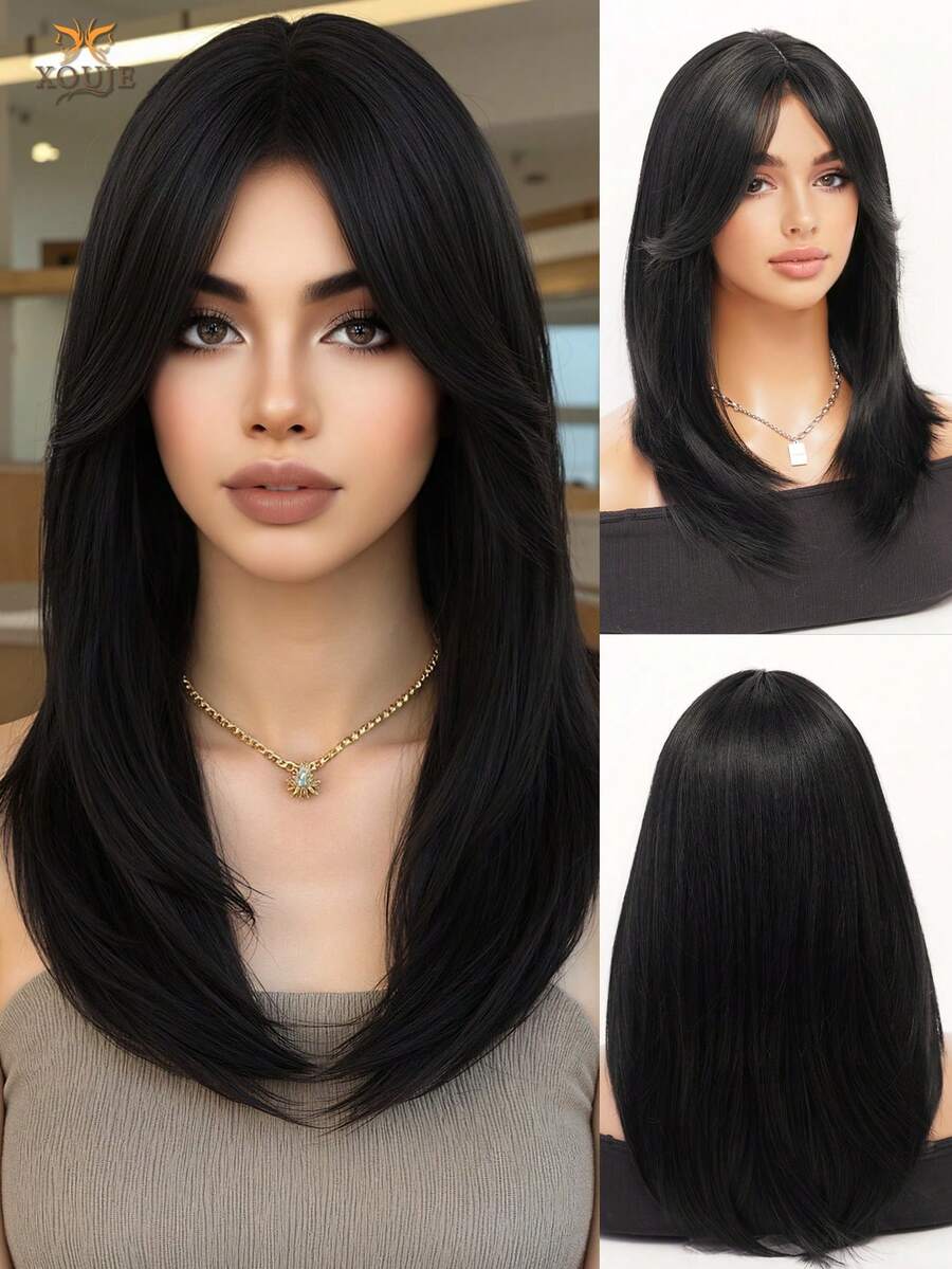 XOUJE Tóc giả dài 20 inch màu đen tự nhiên, thẳng, có lớp mái, mềm mại và dễ tạo kiểu, làm từ sợi tổng hợp, hoàn hảo cho sử dụng hàng ngày, vẻ thanh lịch đơn giản, các bữa tiệc, công sở, nhập vai và các lễ hội. - màu đen - Xem 1