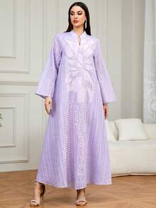Women's Elegant V-Neck Long Sleeve Robe With Beaded Embroidery, Suitable For Ramadan, Parties, Dates And Daily Wear - Purple - View 1